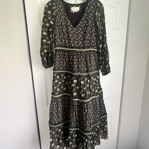 Anthropologie Black Maxi Dress with Green Floral Print